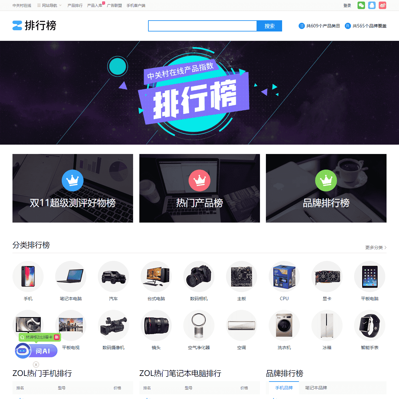 ZOL热门IT产品排行榜